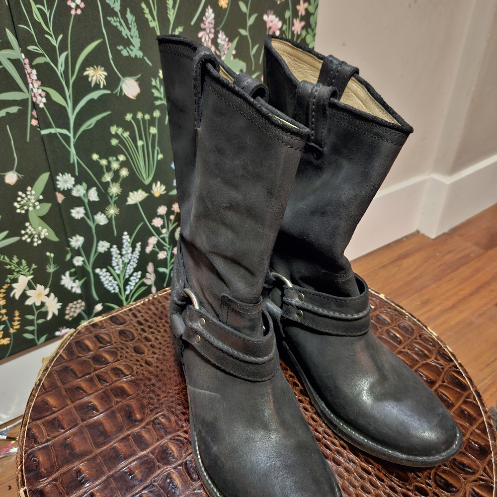 Frye Black Leather Harness Boots